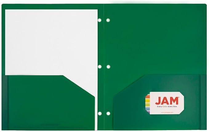 JAM PAPER Heavy Duty Plastic 3 Hole Punch Pocket Folders - Extra Tough School Folders - Green - 3/Pack