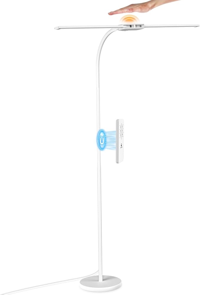 Syrinx LED Floor Lamp, Double Head Gooseneck Floor Lamps for Living Room with Gesture Switch & Remote Control, 14W Bright Tall Standing Lamp Modern Eye-Caring Reading Floor Lamp for Bedroom Office