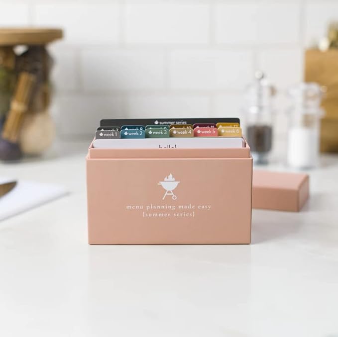 Meal Planner with 72 Recipe Cards (Summer Menu) - Weekly Menu Planner | Sturdy Recipe Box | 12 Reusable Grocery Shopping Lists | 5 Blank Recipe Cards | Recipe Card Protector | Recipe Ideas