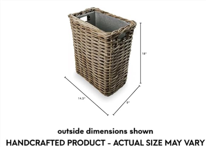 The Basket Lady Large Rectangular Kubu Wicker Waste Basket with Metal Liner, 14.5 in L x 9 in W x 18 in H, Serene Grey