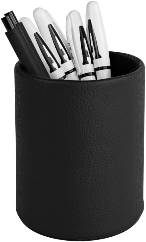 Pen Pencil Holder Cup Container PU Leather Desk Organizer Stand Decor Brush Scissor Holder Decoration Office Desk Home School (3.3" x 3.3" x 4", Black)