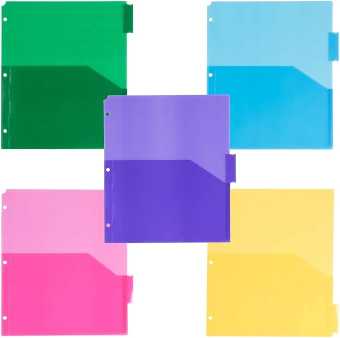 JAM PAPER Plastic Index 5-Tab Dividers w/Double Pockets - 9 3/4 x 11 1/2 - Assorted Multi-Color - 5 Tabbed Dividers/Pack
