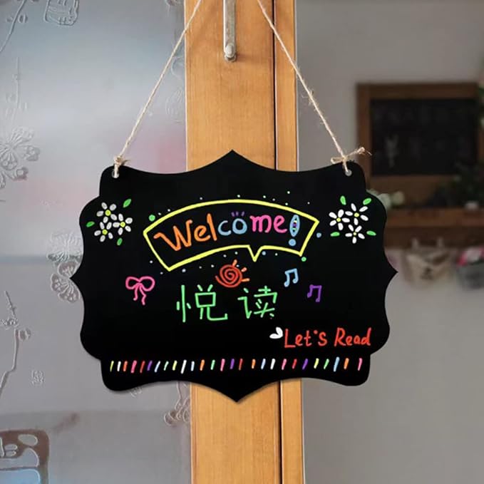 NEWNEWSHOW 8.7x12 Inch Erasable Message Board Sign with Hanging String, Store Signs Chalkboard, Menu Chalkboard, Message Board, Bar and Special Event Decorations, Double-Sided Painting