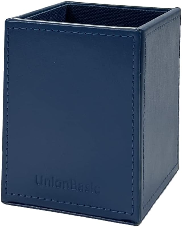 UnionBasic Square Pen Holder, Leather Pencil Cup, Desktop Caddy Stationery Organizer, True Blue