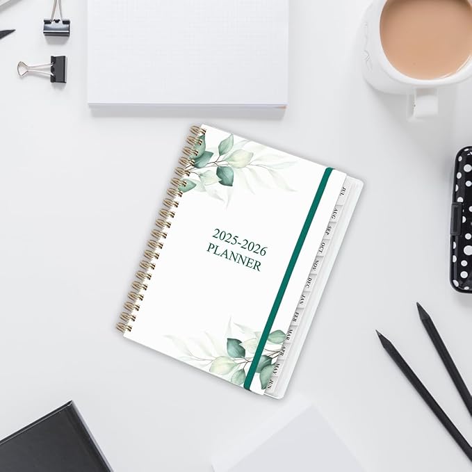 Planner 2025-2026 - Weekly & Monthly Planner from July 2025 to June 2026, Agenda 2025 2026 with Inner Pocket, Elastic Band, 6.4" x 8.5", Green Leaf