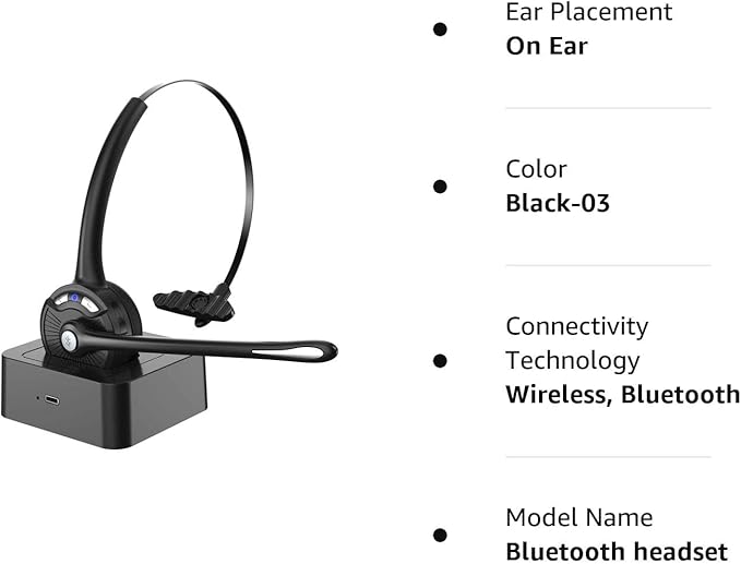 Bluetooth Headset with Microphone, Noise Canceling Wireless On Ear Headphones, Bluetooth Headphones with Mic Charging Base, Phone Headset Mute Button for Laptop, Skype, Call Centers, Office, Trucker