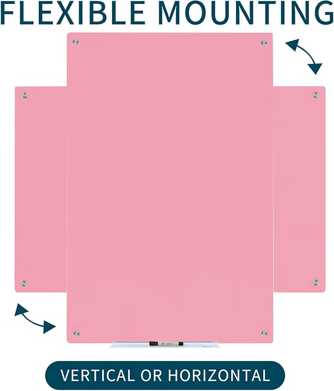 Magnetic Whiteboard, Pink Dry Erase Board 3' x 2', Tempered Glass White Board Frameless, Home School Supplies or Home Office Decor with Magnets, Markers, Eraser, Marker Tray