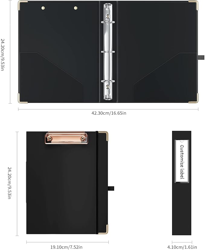 Ospelelf Mini 3 Ring Binder 1 Inch, Cute Binder for 5.5" x 8.5" with 5 Tab Dividers, File Folder Labels and Low Profile Clipboards, Black Binder for School Supplies and Office Supplies