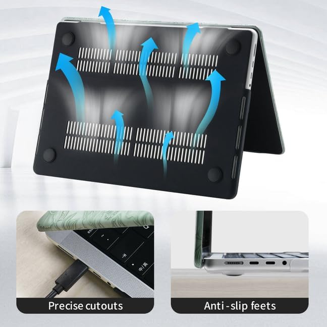 DTangLsm Compatible for MacBook Pro 13 inch Case 2025 2024-2016 M2 A2338 M1 A2251 A2289 A2159 A1989 A1708 A1706, Elegant Retro Leather Hard Shell Case + Keyboard Cover, Green Embossed Floral