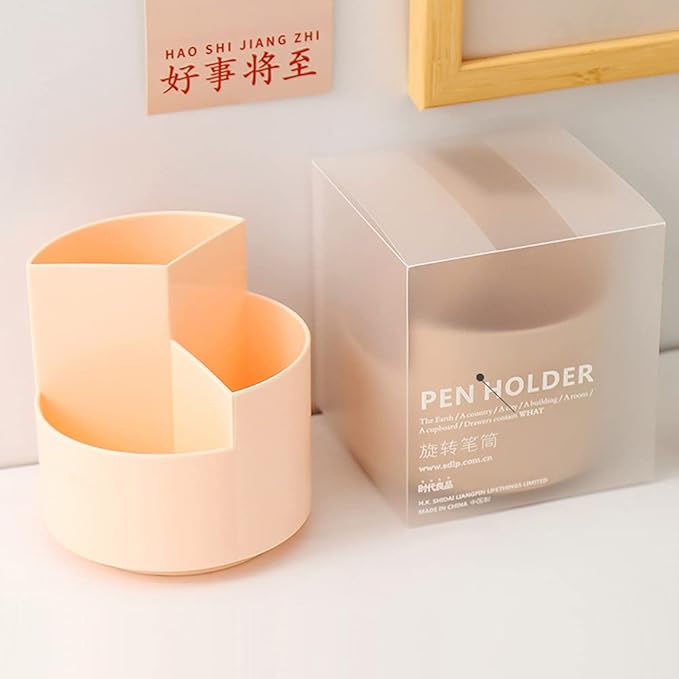 Rotating Pen Holder 3 Compartments, School Supplies Organizer for Pen, Colored Pencil, Art Brushes, Desktop Storage Box in Classroom & Art Studio, Gift for Teachers, Classmates, and Friends ,Pink