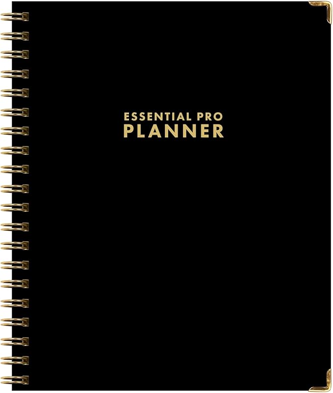 DELUXE ESSENTIAL PRO Undated Daily, Weekly & Monthly Planner,Monthly Tabs,Daily Tracking,Notes Pages,Storage Pocket,Bookmark w Sticky Notes (Black)