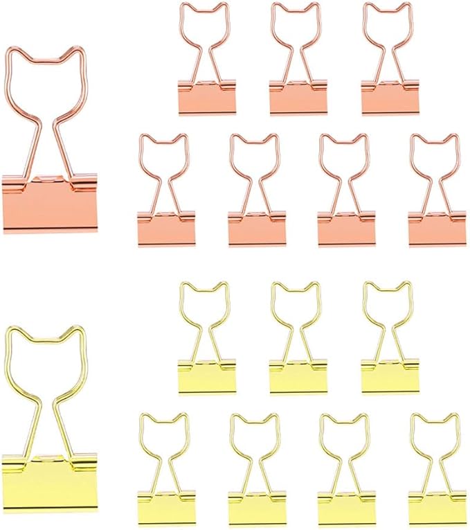 OWLFAVO 16pcs Cat Binder Clips with Clear Box, Rose Gold and Yellow Gold, Funny Cute Paper Clamps Paperclips Bookmarks Planner Binders for Fun Office Supplies School Gifts Wedding Decoration