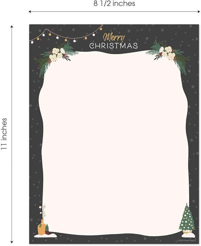 Greenery Merry Christmas Black Letterhead / 50 Sheets / 8.5" x 11" Festive Tree Lights Holiday Paper/Decorative Winter Stationery