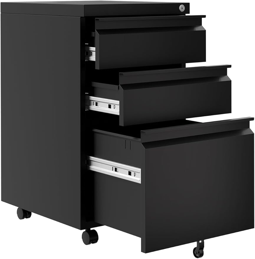 GarveeHome 3-Drawer Mobile File Cabinet with Lock Keys | Under Desk Lateral Storage Fits Legal Letter A4 | Adjustable Shelf, Easy Assembly Office Home Workspace - Dark Black