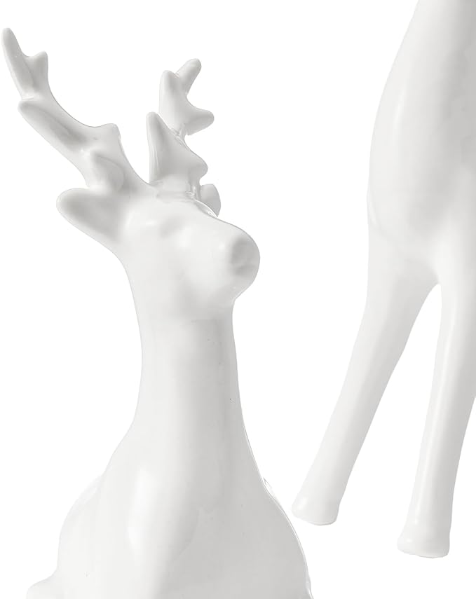 WDS WONDROUS Christmas Decoration Indoor Reindeer Figurines, Set of 2 White Christmas Reindeer Statues Decor, Ceramic Deer Sculptures Xmas Decorations for Table Top Winter Mantel Home Decor