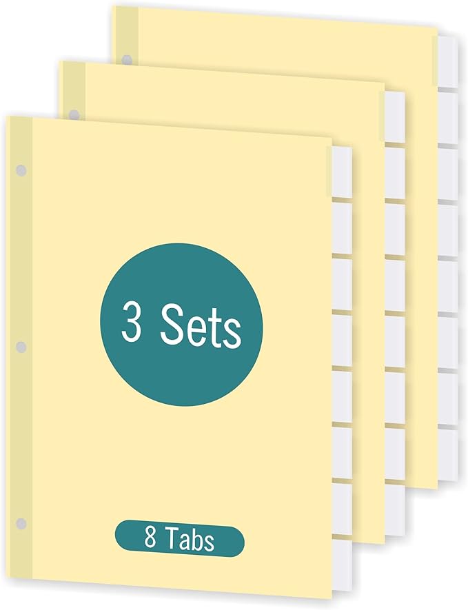 8-Tab Binder Dividers for 3 Ring Binder, Insertable Clear Big Tabs, Letter Size Paper Divider, 8.5 x 11 inch, 3 Sets (24 Dividers Total)