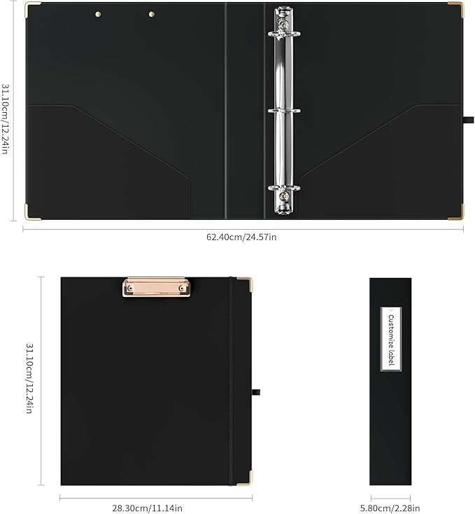 Ospelelf 3 Ring Binder, 1.5 Inch, Cute Letter Size (11" x 8.5") with 5 Tab Dividers, File Folder Labels and Low Profile Clipboards, Black Binder for School and Office Supplies