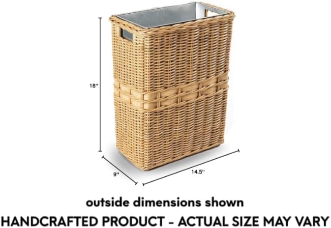 The Basket Lady Large Rectangular Wicker Waste Basket with Metal Liner, 14.5 in L x 9 in W x 18 in H, Sandstone