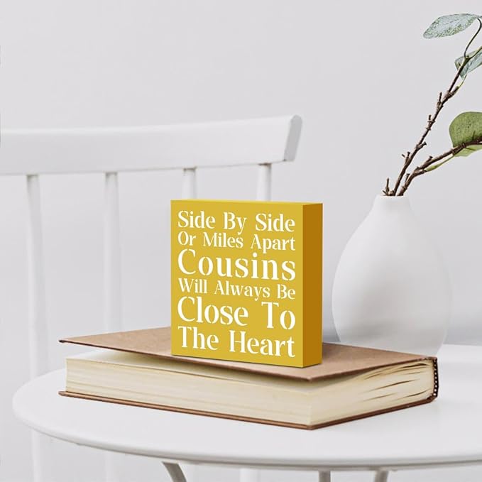 Cousin Wooden Box Sign Decorative Cousins Gifts Home Office Desk Decor for Tabletop Bookshelf Farmhouse Bedroom Library Dining Room Rustic Square Tiered Tray Wall Decor birthday Yellow