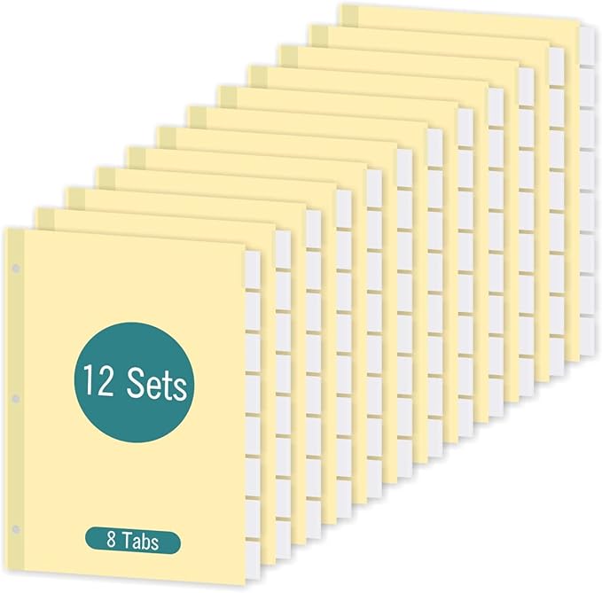 8-Tab Binder Dividers for 3 Ring Binder, Insertable Clear Big Tabs, Bulk Letter Size Paper Divider, 8.5 x 11 inch, 12 Sets (96 Dividers Total)