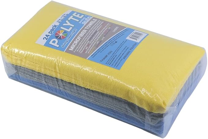 POLYTE Microfiber Cleaning Towel Ultrasonic Cut Edgeless (16x16, 24 Pack, Premium, Blue,Gray,Yellow)