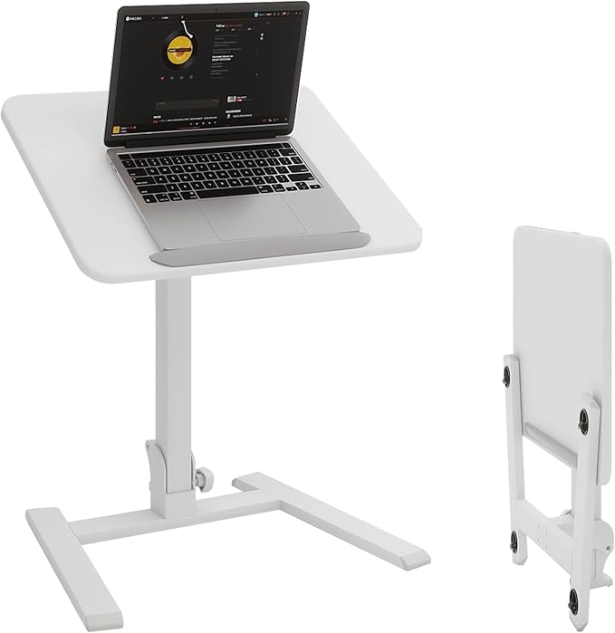PUNCIA Adjustable Height Small Standing Desk Foldable Laptop Table with Stoppers - 90° Tiltable Rolling Computer Cart Portable Workstation Mobile Desk for Home Office Small Space Bedroom Dorm Study