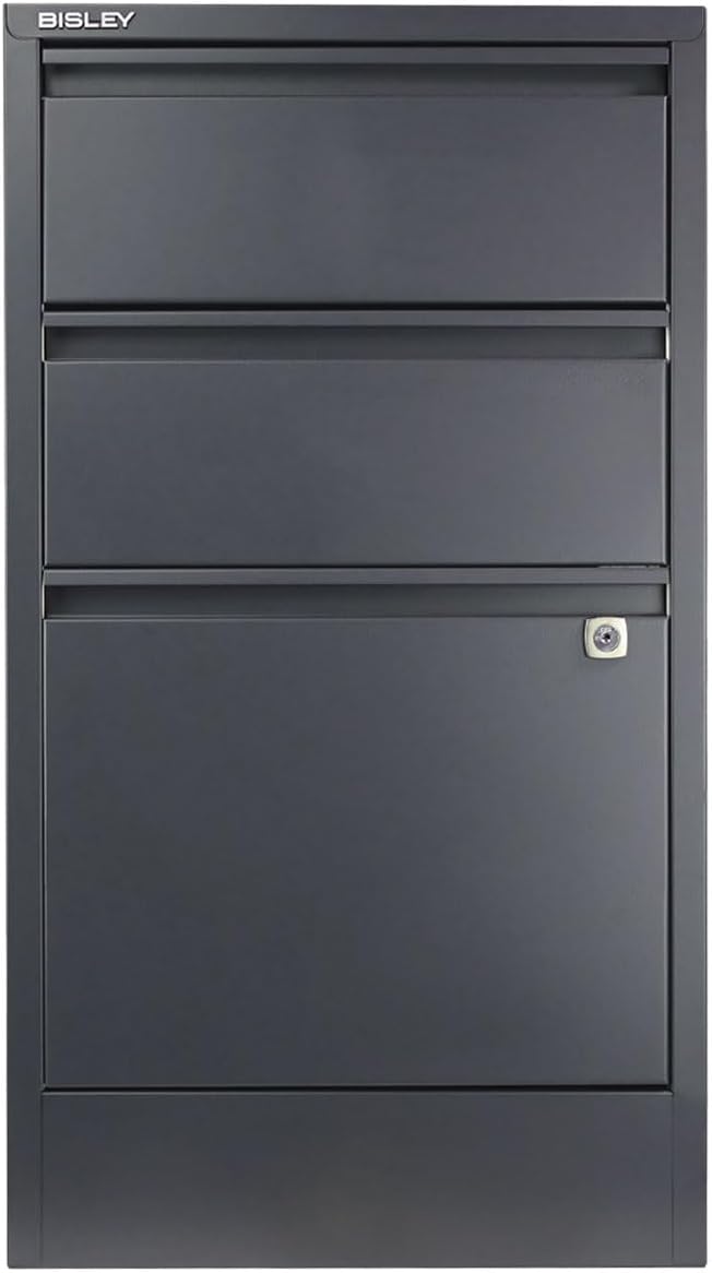 Bisley 3-Drawer Flush Front Vertical File Cabinet - Anthracite Grey, 2 Utility Drawers + 1 Hanging File Drawer, Powder-Coated Steel, Locking Bottom Drawer