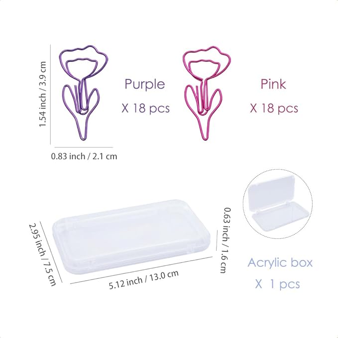 OWLFAVO 36pcs Flower Shape Paper Clips with Clear Box, Pink and Purple, Funny Cute Paperclips Bookmarks Planner Clips for Fun Office Supplies School Gifts Wedding Decoration