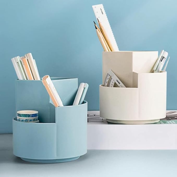 Rotating Pen Holder 3 Compartments, School Supplies Organizer for Pen, Colored Pencil, Art Brushes, Desktop Storage Box in Classroom & Art Studio, Gift for Teachers, Classmates, and Friends ,Blue
