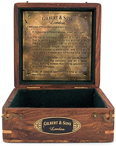 Top Grade 5-Inch Sundial Compass – Vintage Nautical Marine Compass with Wooden Box – Antique Brass Sun Clock for Decoration, Navigation, Gifts – Ship Replica Maritime Compass