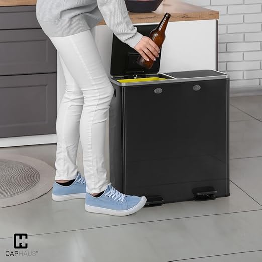 CAPHAUS Black Dual Trash Can w/Double Lid, Trash & Recycle Bins Combo, Hands-Free Stainless-Steel Garbage Can for Kitchen, with 2 Compartment, Hinged Lid, Odor Filters, Handles, 25L+25L, 2 x 6.6 Gal