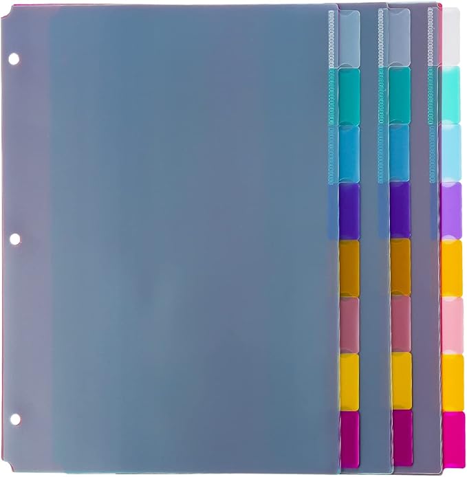Seashell 3 Sets 8-Tab Plastic Binder Dividers, 8 Tab Insertable Index Dividers for 3 Ring Binders, Letter Size, Durable, Assorted Colors, School Subject Binder Organizers