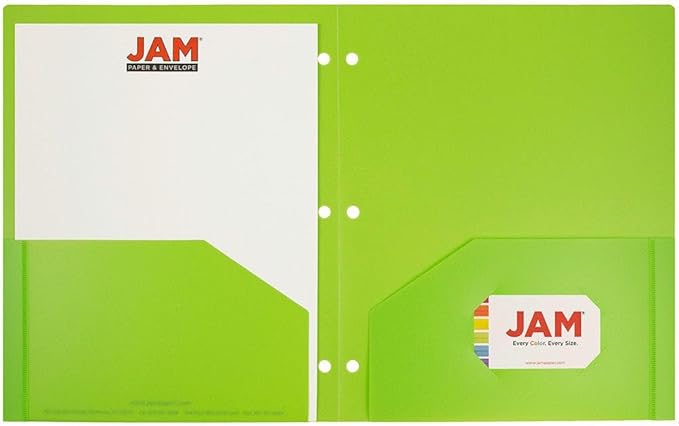 JAM PAPER Heavy Duty Plastic 3 Hole Punch Pocket Folders - Extra Tough School Folders - Lime Green - Bulk 48/Pack
