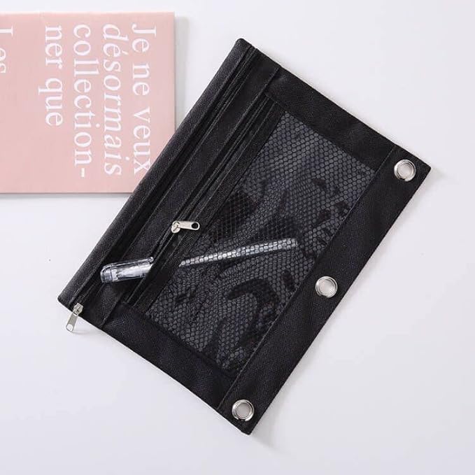 3 Ring Binder Pencil Pouchs, Zippered Pencil Pouch Double Pocket Pencil Pouch 3 Ring with Clear Mesh Window (Black 2pack)