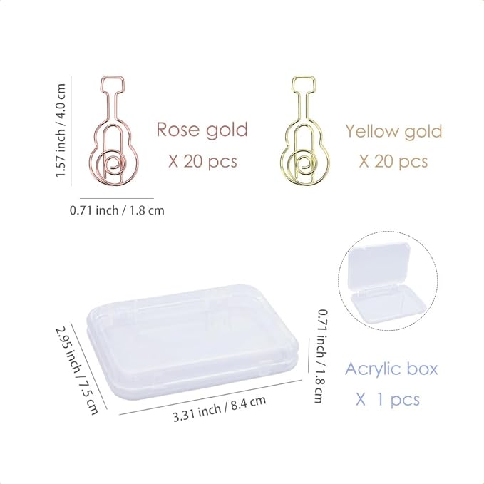 OWLFAVO 40pcs Guitar Shape Paper Clips with Clear Box, Mixed Colors, Funny Cute Paperclips Bookmarks Planner Clips for Fun Office Supplies School Gifts Wedding Decoration