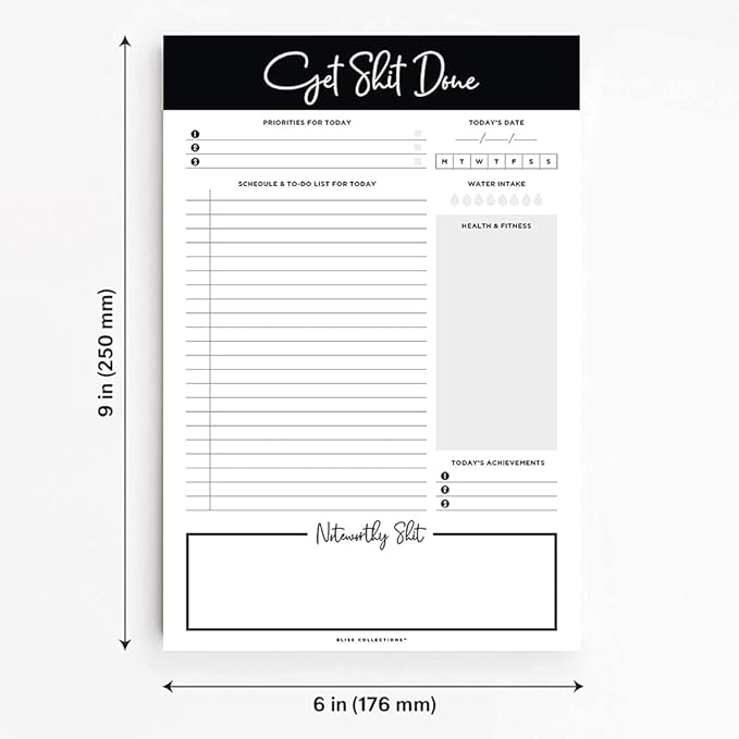 Bliss Collections Daily Planning Pad, To Do List Notebook - Undated Tear-Off Sheets Notepad - Work Calendar, Organizer, Scheduler for Goals, Tasks - Get Stuff Done, 6" x 9", 50 Sheets
