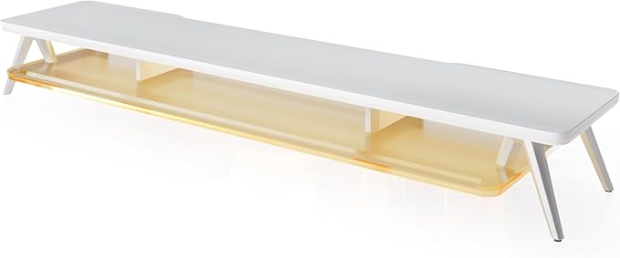 Fenge Dual Monitor Stand for Desk, 2 Tiers Monitor Riser with Acrylic Shelf & App Control LED Lights, 42.5 Inch Wood and Aluminum Desk Shelf with Phone and Tablet Holder