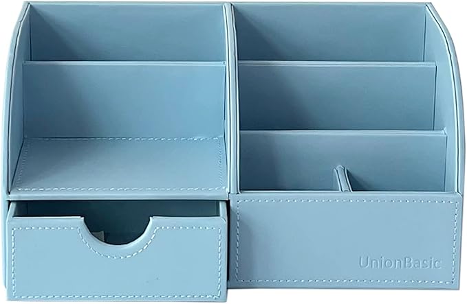 UnionBasic Desk Organizer - Multifunctional Leather Desktop Pen Holder Storage Box - Business Card/Pen/Pencil/Mobile Phone/Stationery Holder, Blue
