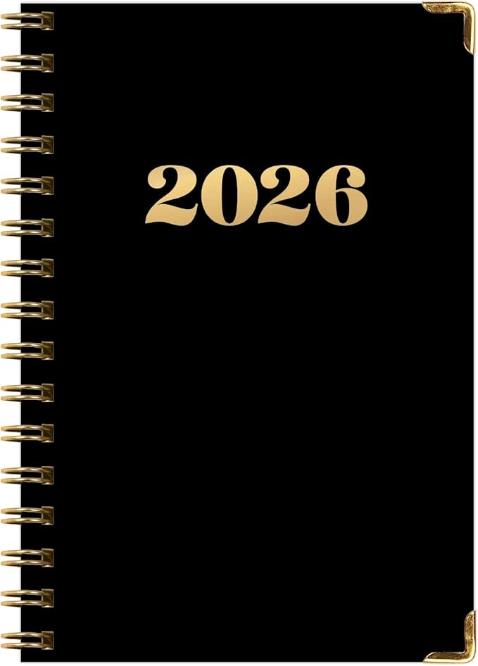 HARDCOVER 2026 Planner, 5.5"x8": 14 Months (November 2025 - December 2026), Daily Weekly Monthly Planner, Yearly Agenda, Bookmark, Pocket Folder and Sticky Note Set (Black Gold Numbers)