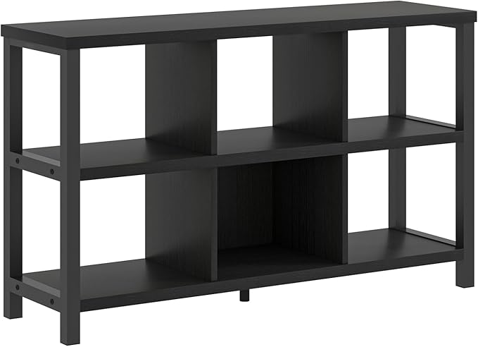 FOLUBAN Industrial 6 Cube Storage Organizer Bookshelf, Wood and Metal Cubby Bookcase, Horizontal Open Book Shelf for Bedroom Living Room, Black Oak, 47 Inch