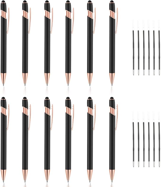 12 PCS 2 in 1 Stylus Ballpoint Pen with Stylus Tip, 1.0 mm Black Ink Metal Pen Stylus Pen for Touch Screens (Rose Gold & Black)