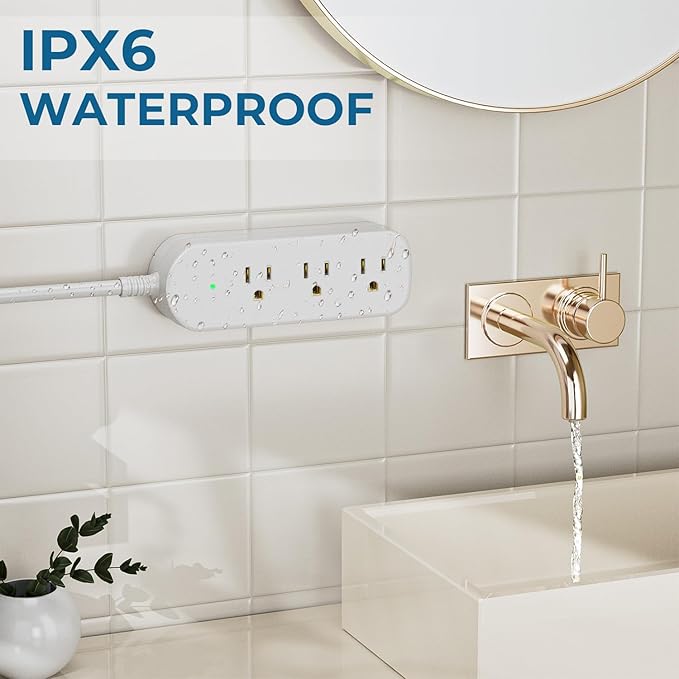 Surge Protector Power Strip,1625W/13A,5Ft Extension Cord with 3 Outlets,Waterproof Class 6 Heavy Duty Extension Cord for Indoor Outdoor,UL FCC IPX6 Listed (White, 5FT)
