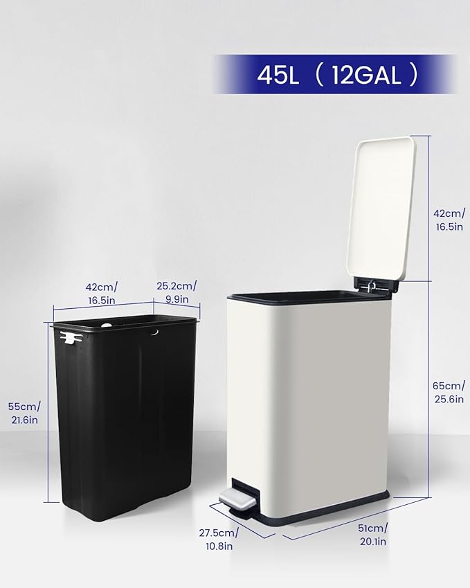 Kitchen Rubbish Bin, 45 Litre Waste Bin, Large Pedal Bin, Kitchen Rubbish Bin with Softclose Lid and Inner Bin, Slim Pedal Bin for Kitchen, Bathroom and Office, White