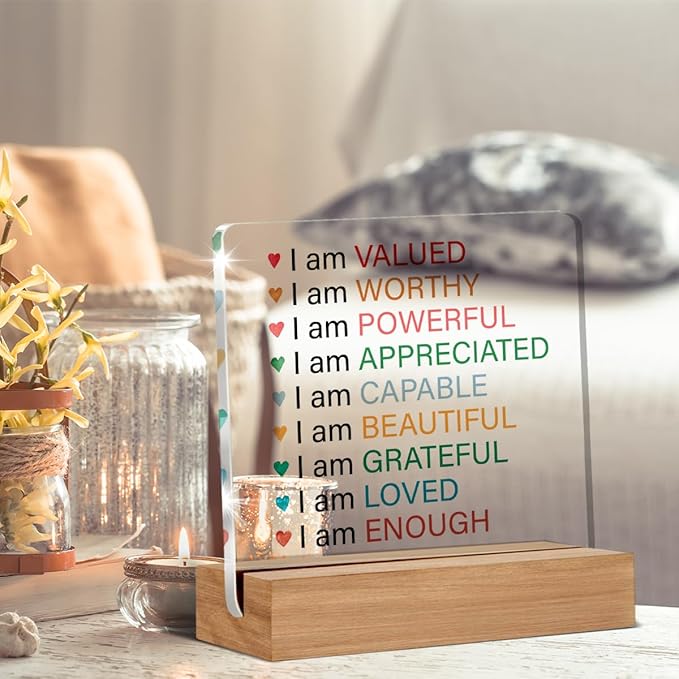Inspirational Affirmation Gifts I Am Valued Clear Desk Decorative Sign Acrylic Sign With Wooden Stand for Office Desk Table Shelf