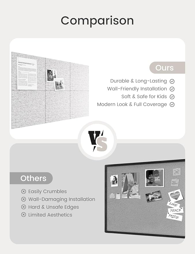 Bumusty Large Cork Board 36"x24" Alternative - 6 Pack Felt Wall Tiles with 40 Safe Removable Adhesive Tabs, 30 Pushpins, Cork Boards for Walls Pin Board Bulletin Board Office Decor (Marble Gray)