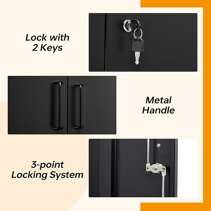 STANI Metal Storage Cabinet with 2 Adjustable Shelves, Steel Counter Cabinet with Lockable Doors for Home Office (Black)