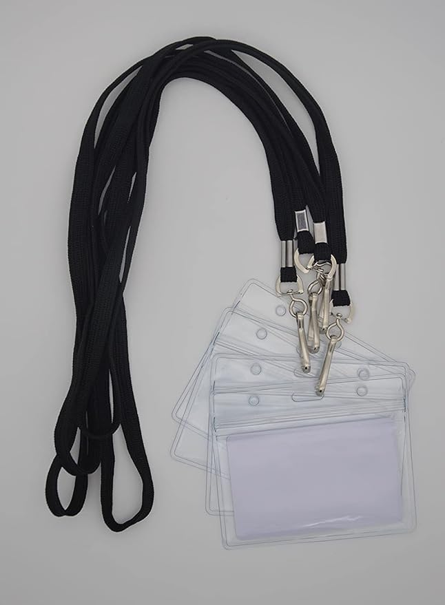 Name Tags Lanyard Badge Holder Pairs (Set of 50, Black): Woven Round Lanyard & Horizontal Sealable Waterproof Clear Plastic ID Card Name