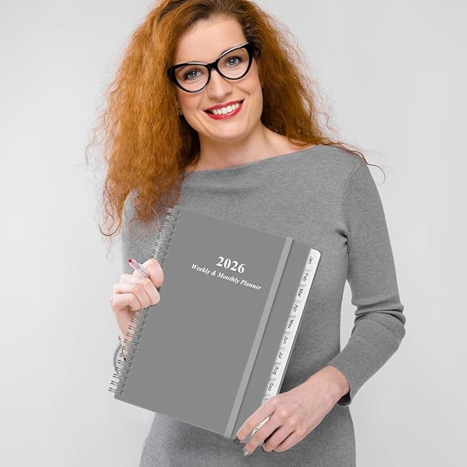 2026 Planner - Planner 2026 from January 2026 to December 2026 with 12 Monthly Tabs, Flexible Cover, Inner Pocket, 8.5" x 11", Grey-B