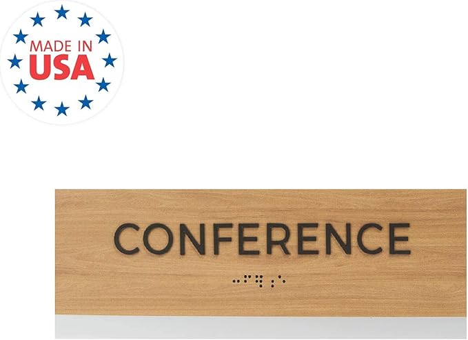 Conference Sign With Braille/Small Business Easy Adhesive Mount Door And Wall Sign / 3" x 9" Oak Woodgrain Design