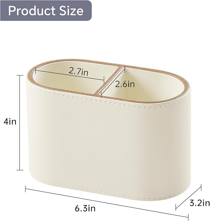 PU Leather Pen Holder for Desk, Small Remote Control Holder Pencil Cup Multifunctional Desktop Organizer Caddy for Home School Office Desk Accessories - 2 Compartments (Beige)